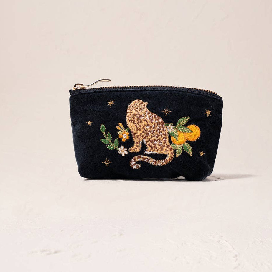 Tropical Jaguar Charcoal Black Velvet Coin Purse by Elizabeth Scarlett London