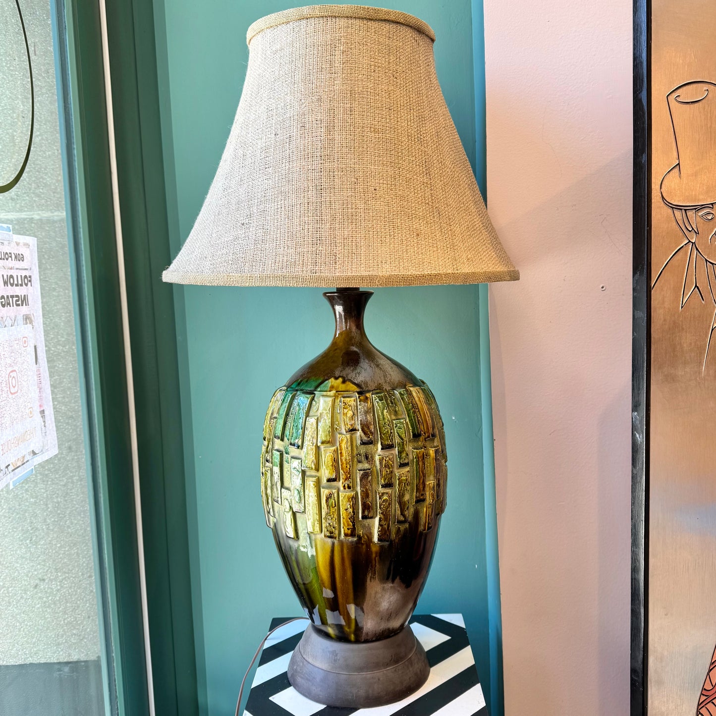 Large Mid Century Textured Green Glazed Pottery Lamp