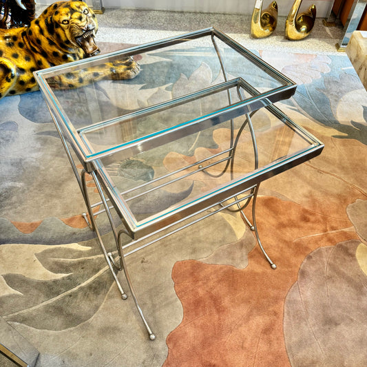 Pair of Vintage Chrome and Glass Nesting Side Tables