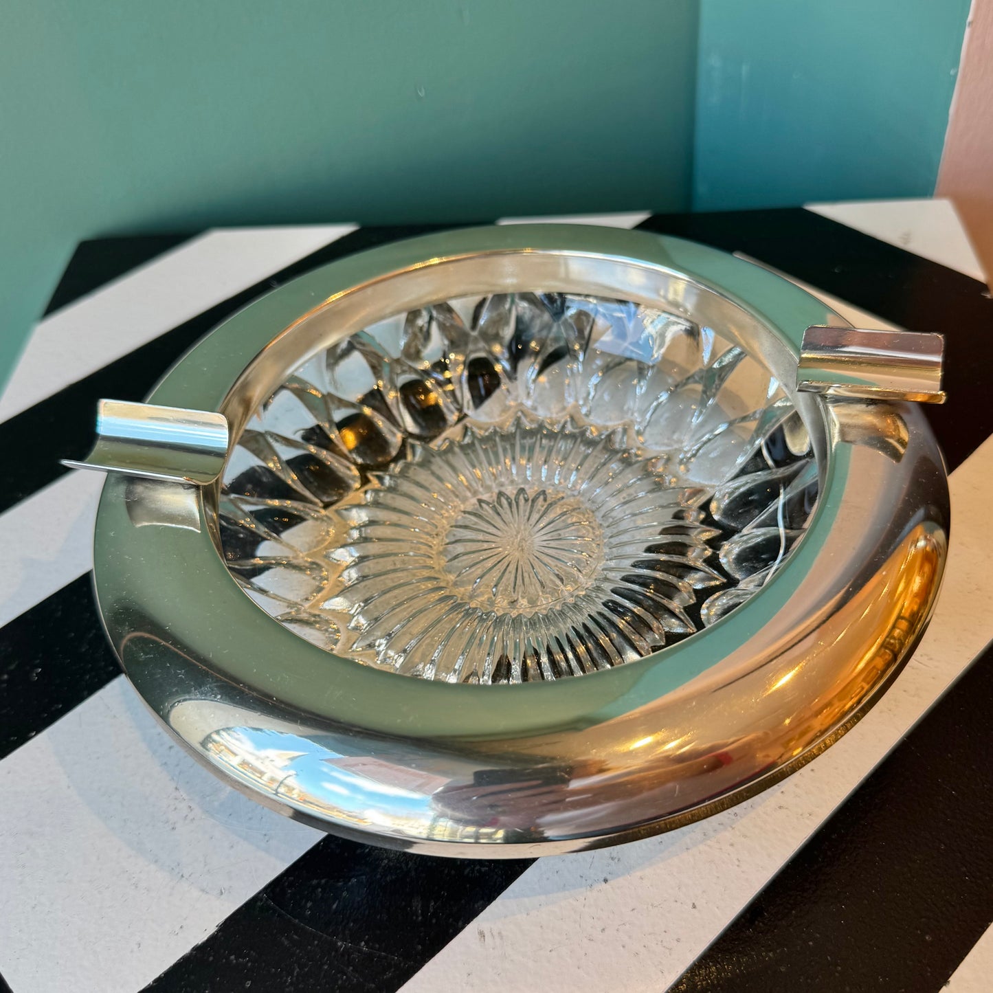 Vintage Sterling and Cut Crystal Cigar Ashtray