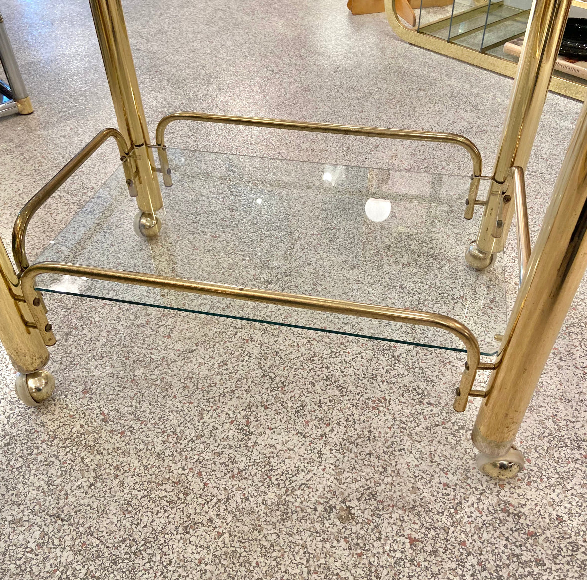 Vintage 2 Tier Brass and Glass Rolling Bar Cart