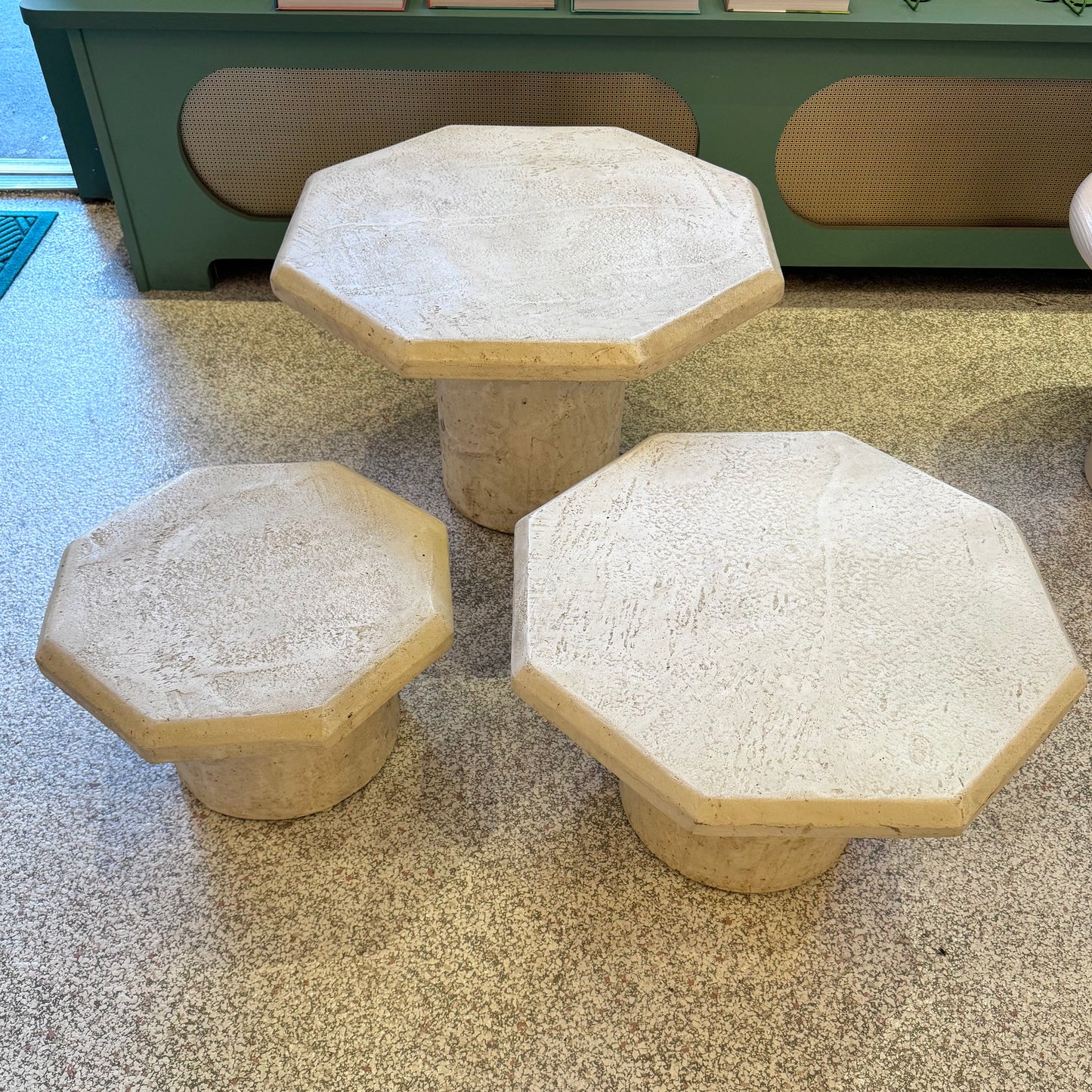 Vintage Set of 3 Octagonal Faux Travertine Nesting Mushroom Tables