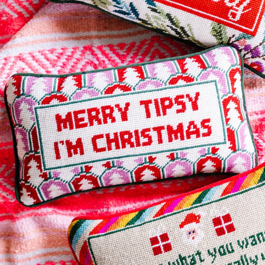 Merry Tipsy Needlepoint Pillow by Furbish Studio