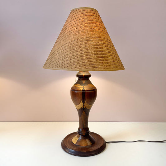 Mid Century Turned Mixed Wood Lamp W/Shade