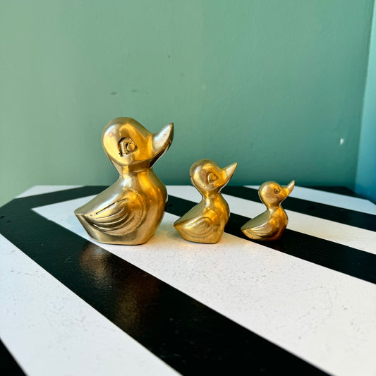 Vintage Set of 3 Brass Duck Family Figurines