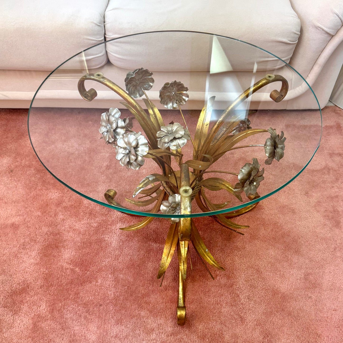 Vintage Italian Gold Gilt Floral Bouquet Wheat Sheaf Side Table