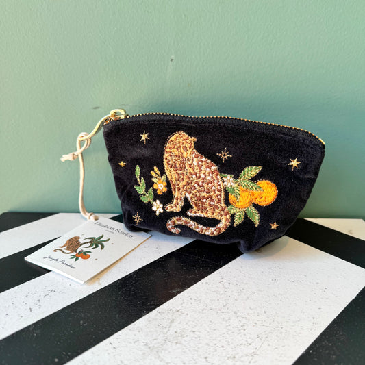 Tropical Jaguar Charcoal Black Velvet Coin Purse by Elizabeth Scarlett London