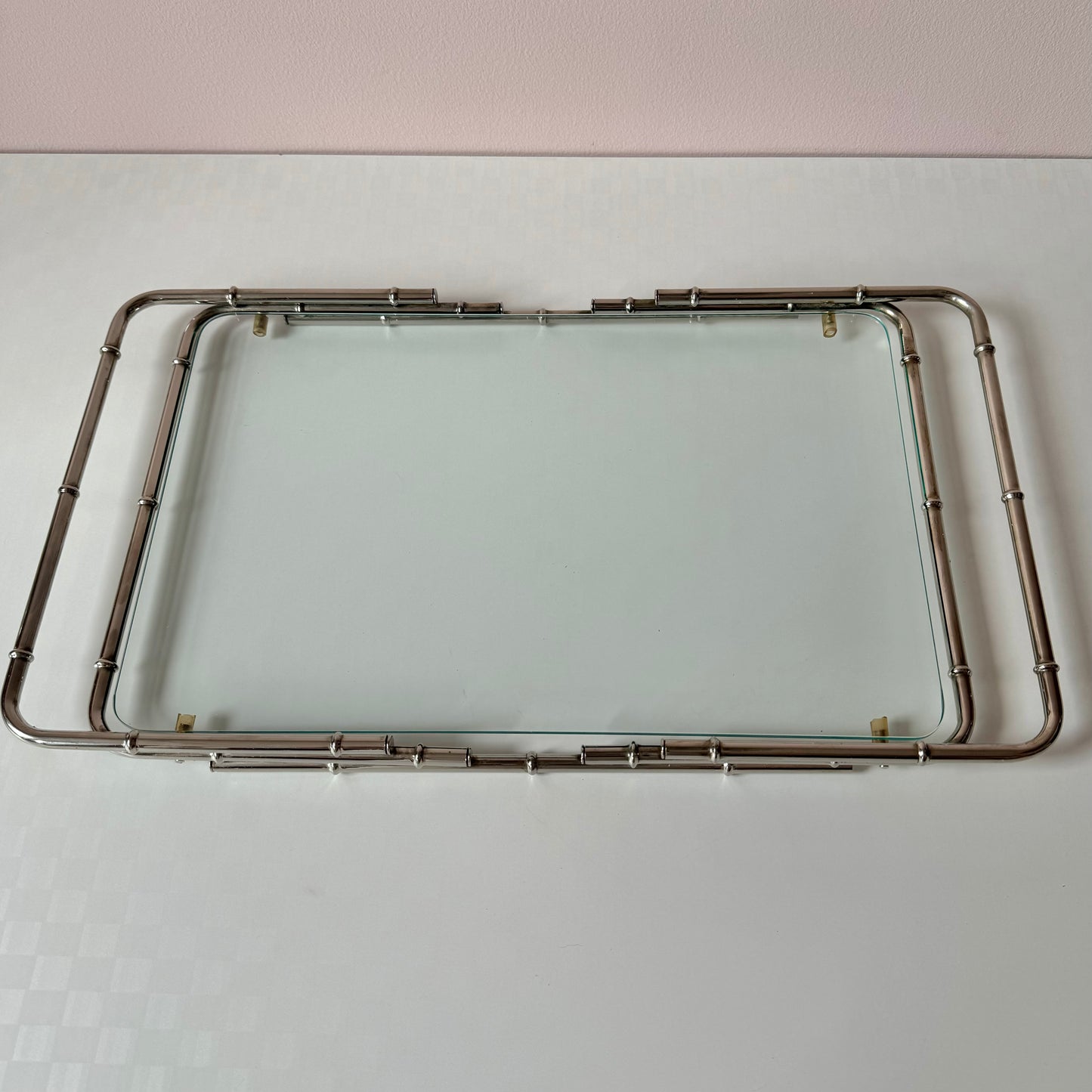 Vintage 1970’s Faux Bamboo Nickel and Glass Serving Tray