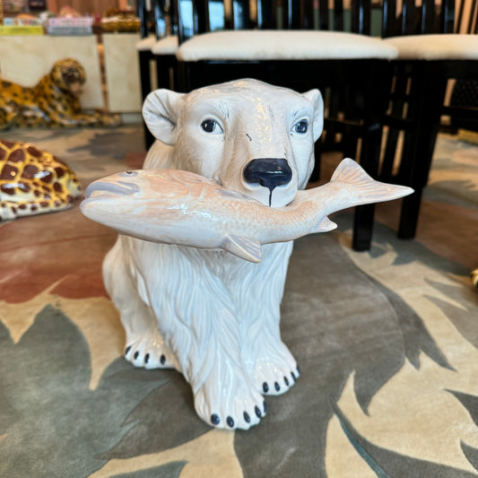 Large Vintage Ceramic Polar Bear with Fish Statue