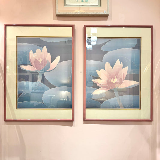 Pair of Vintage Framed Lotus Flower Diptych Artworks