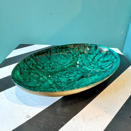 Vintage Green Malachite Style and Gold Glass Catchall Dish