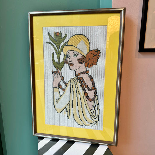 Framed Vintage Art Deco Flapper Needlepoint Artwork