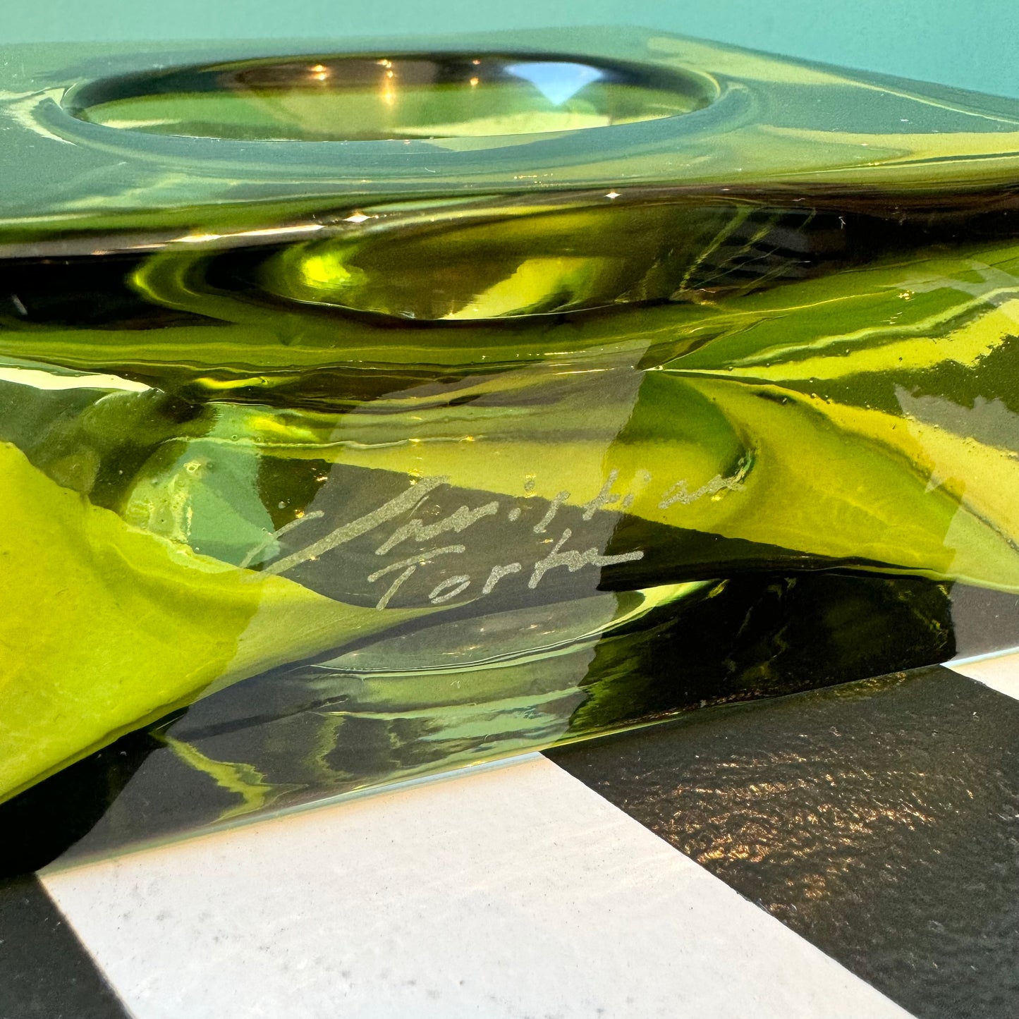 Vintage Chartreuse Square Glass ‘Diabolo’ Vase by Christian Tortu