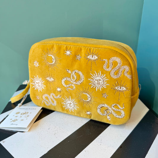 Mustard Yellow Velvet Alchemy Makeup Bag by Elizabeth Scarlett London