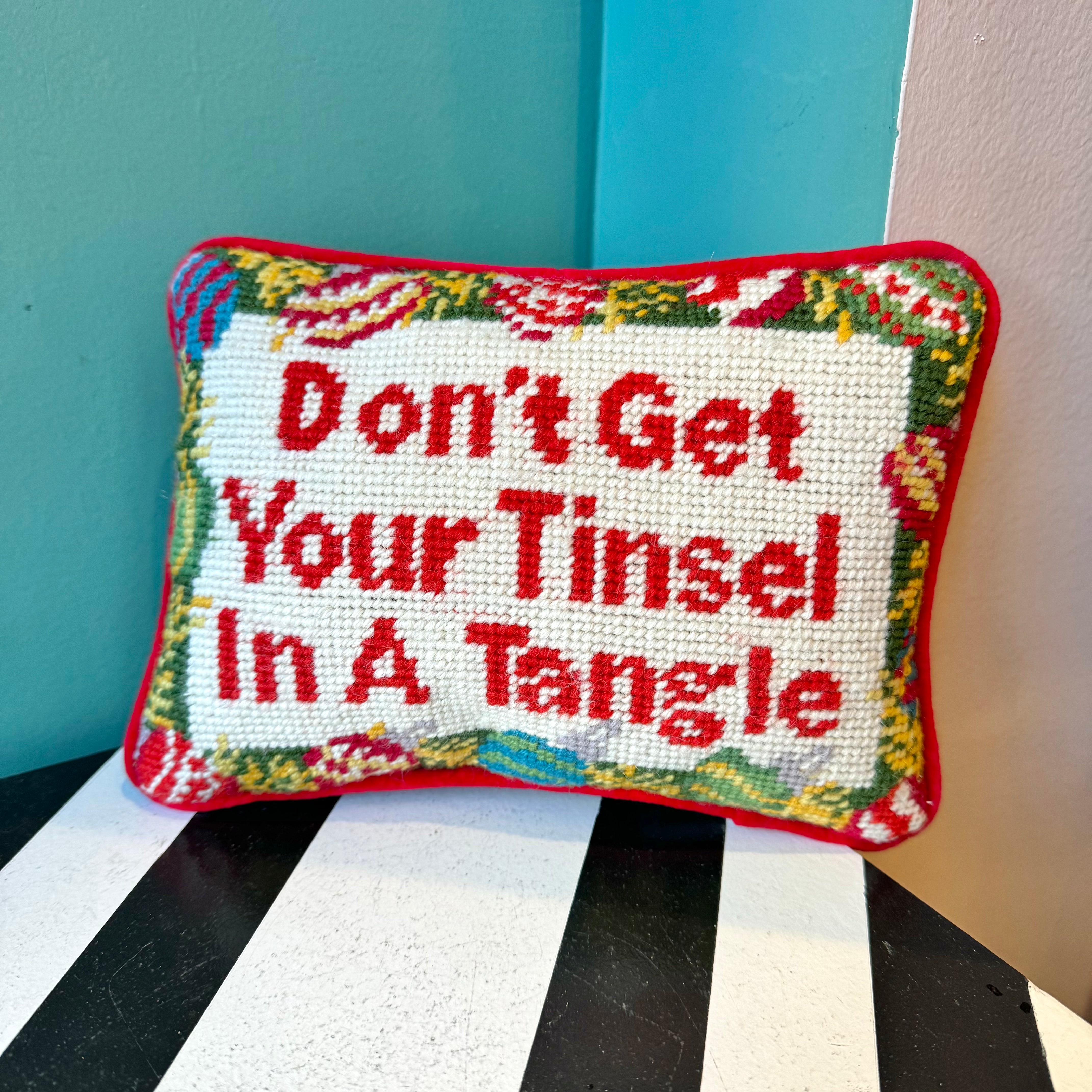 Don't get store your tinsel in a tangle hand painted Christmas needlepoint canvas