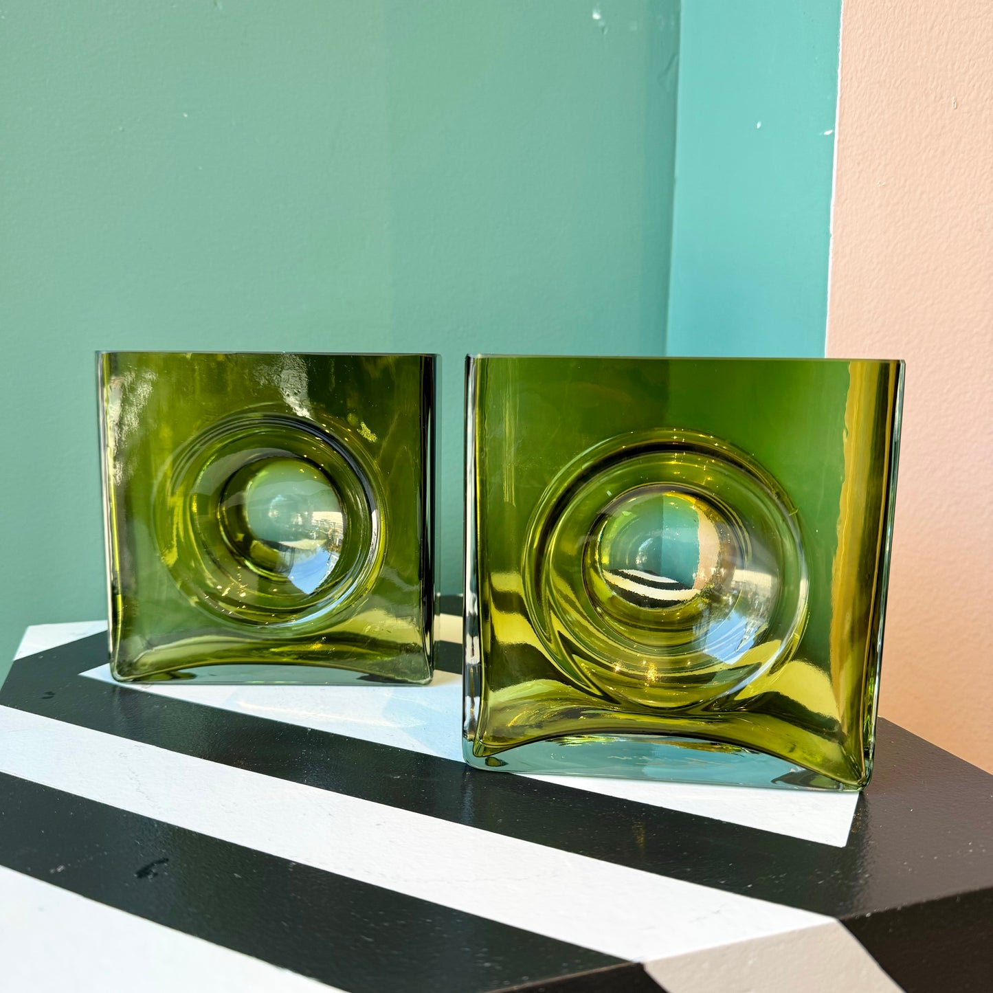 Vintage Chartreuse Square Glass ‘Diabolo’ Vase by Christian Tortu