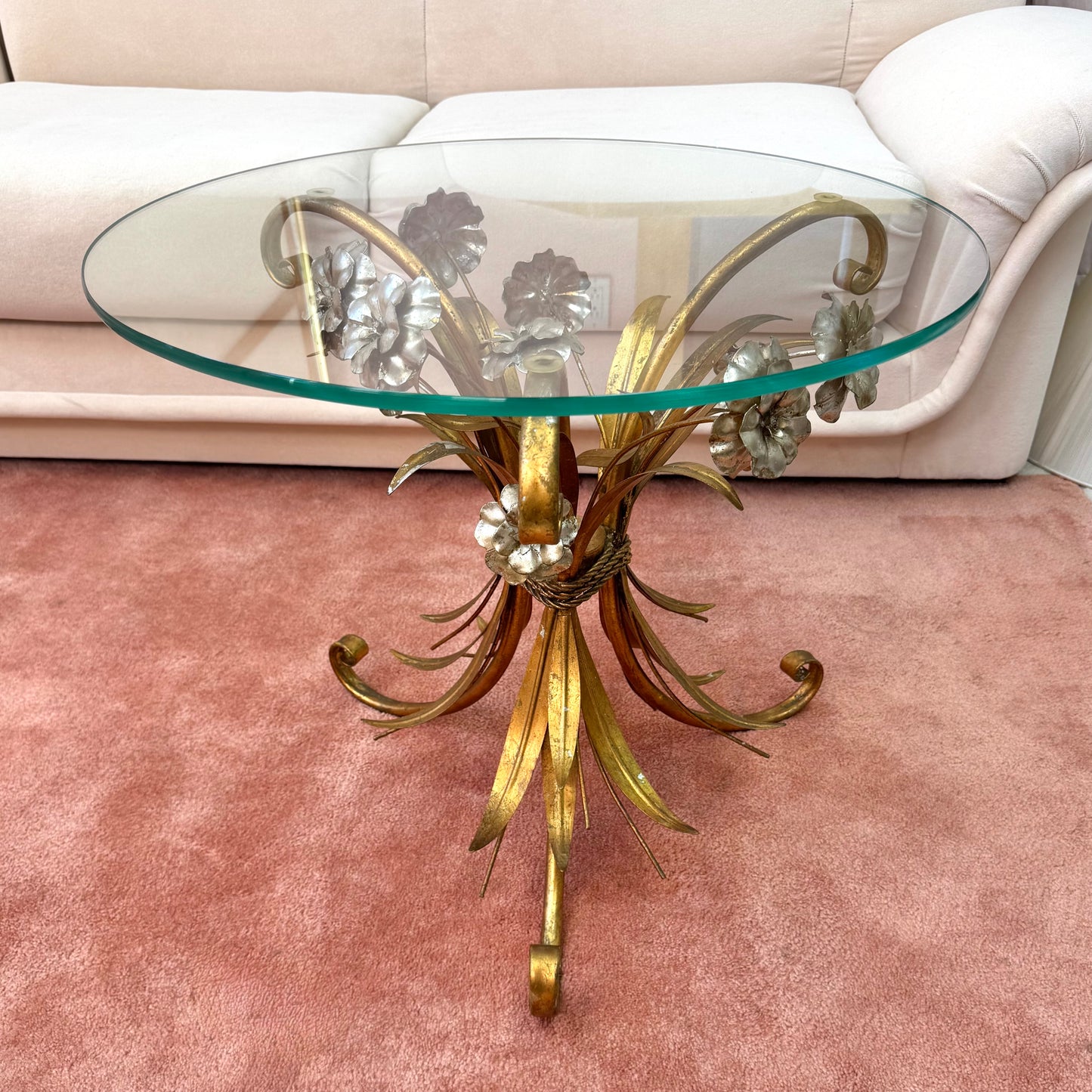 Vintage Italian Gold Gilt Floral Bouquet Wheat Sheaf Side Table