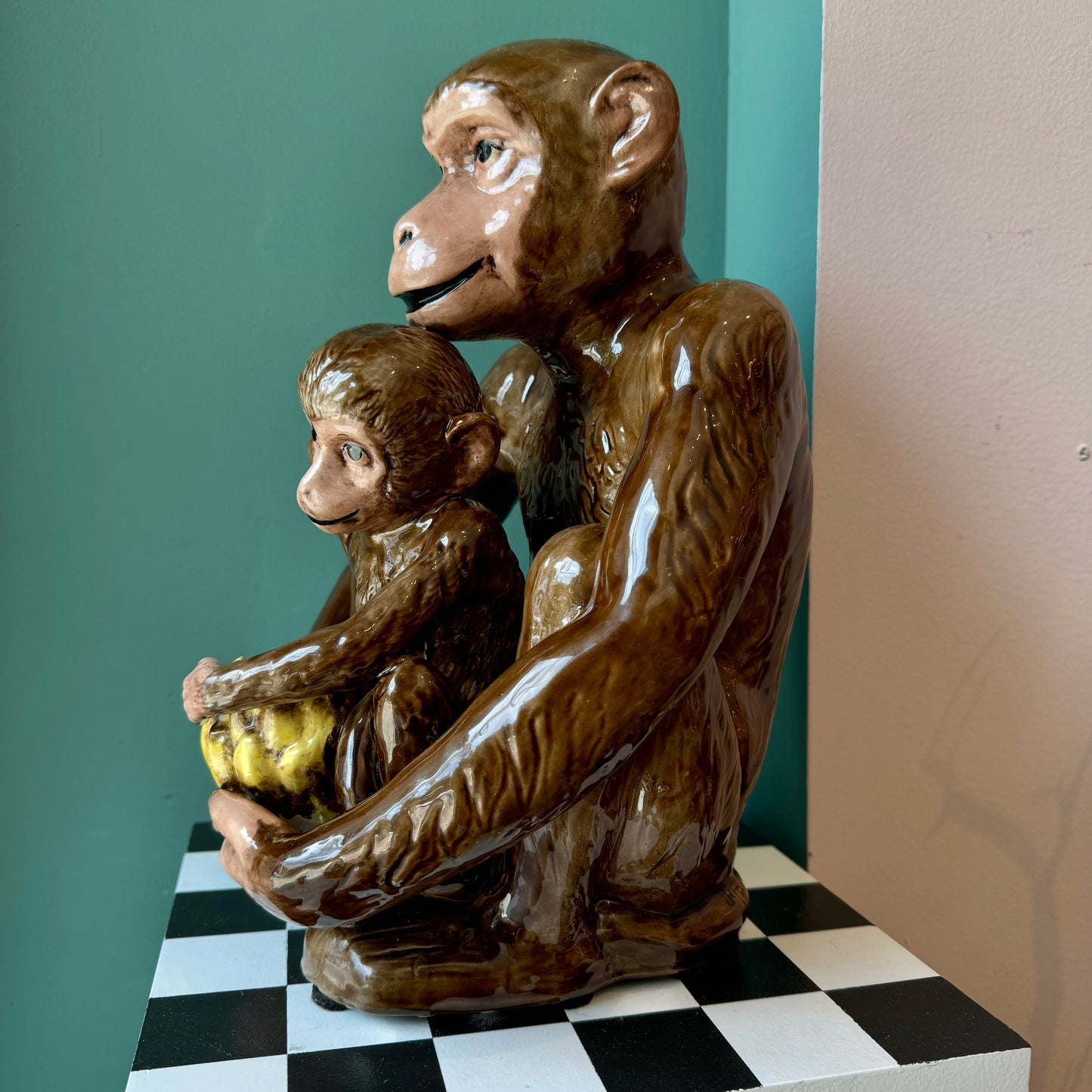 Vintage Ceramic Mother and Baby Monkey Statue