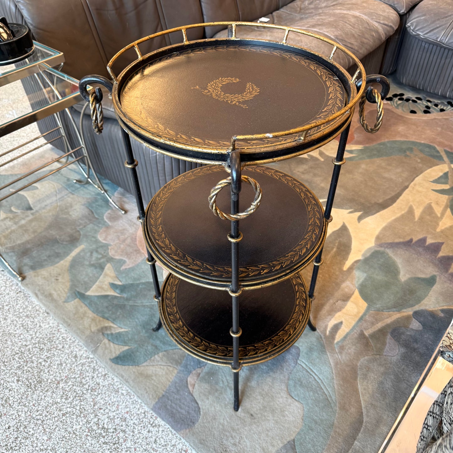 Vintage Three Tier Circular Black and Gold Garland Accent/Side Table