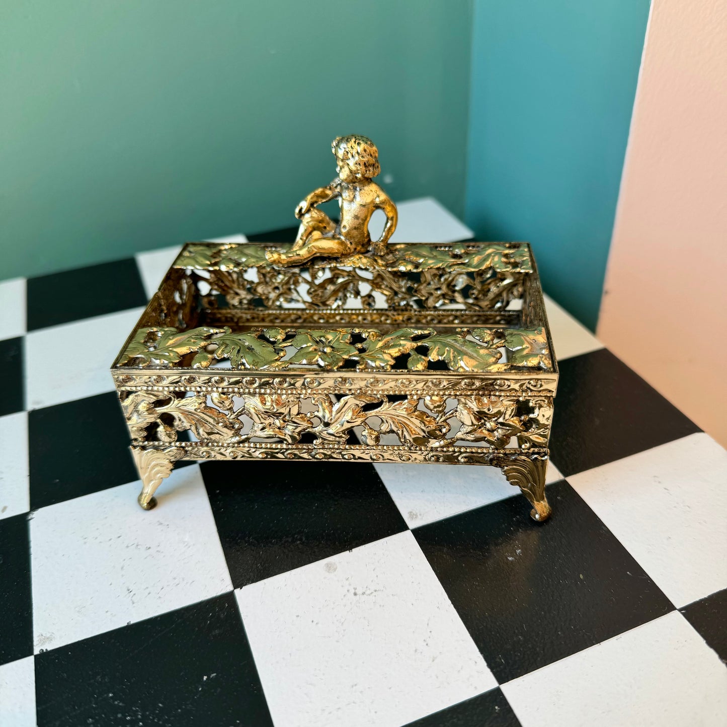 Vintage Brass Cherub Mini Tissue Dispenser