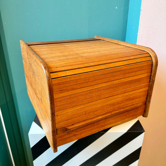 Mid Century Teak Tambour Roll Top Storage Box