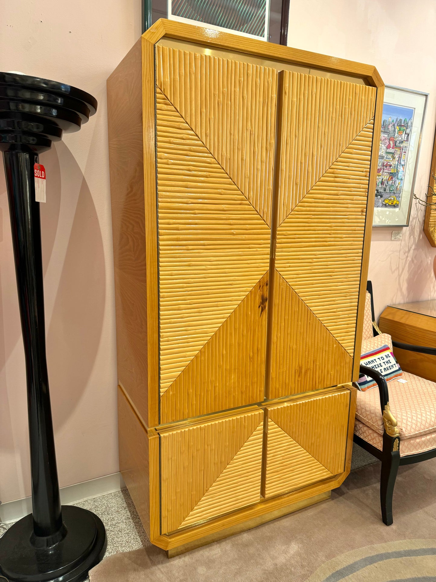 1980's Karl Springer Bamboo and Brass Trim Wardrobe