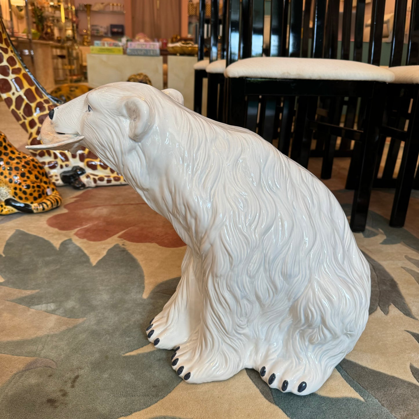 Large Vintage Ceramic Polar Bear with Fish Statue