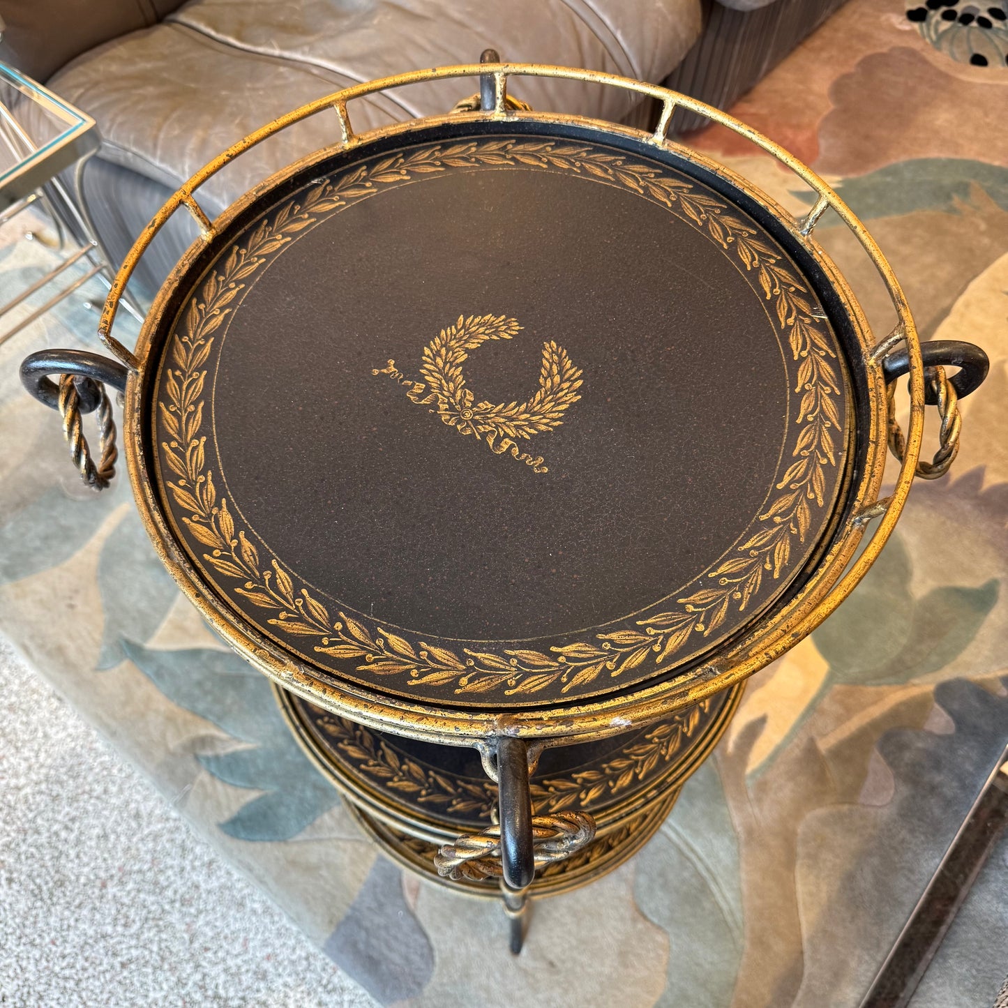 Vintage Three Tier Circular Black and Gold Garland Accent/Side Table