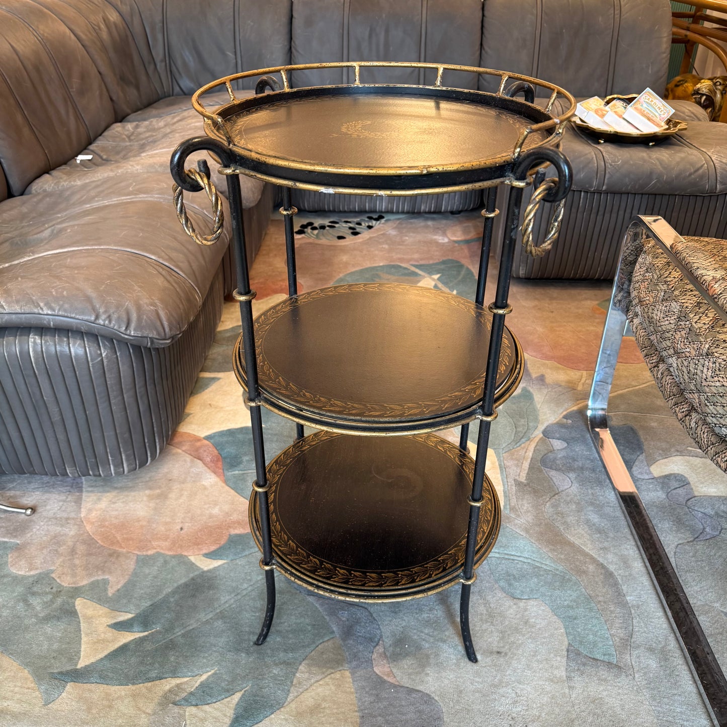 Vintage Three Tier Circular Black and Gold Garland Accent/Side Table