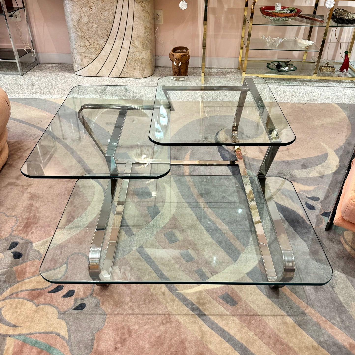 Large Vintage 3 Tier Glass and Chrome Coffee Table