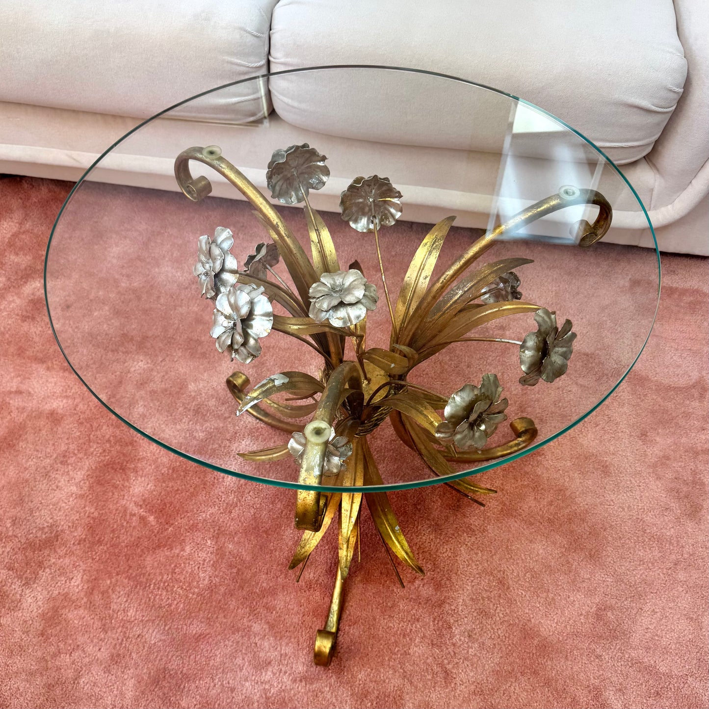 Vintage Italian Gold Gilt Floral Bouquet Wheat Sheaf Side Table