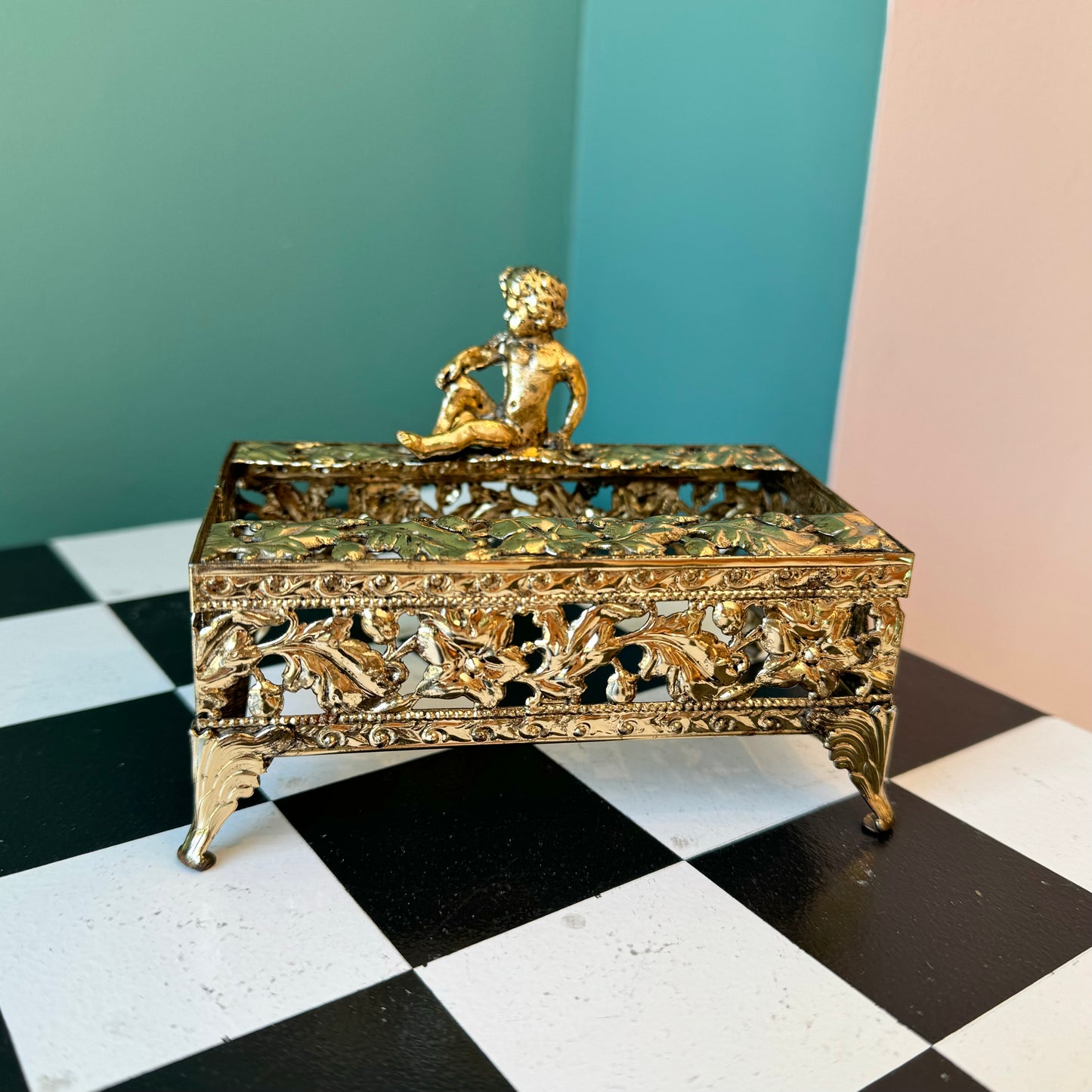 Vintage Brass Cherub Mini Tissue Dispenser