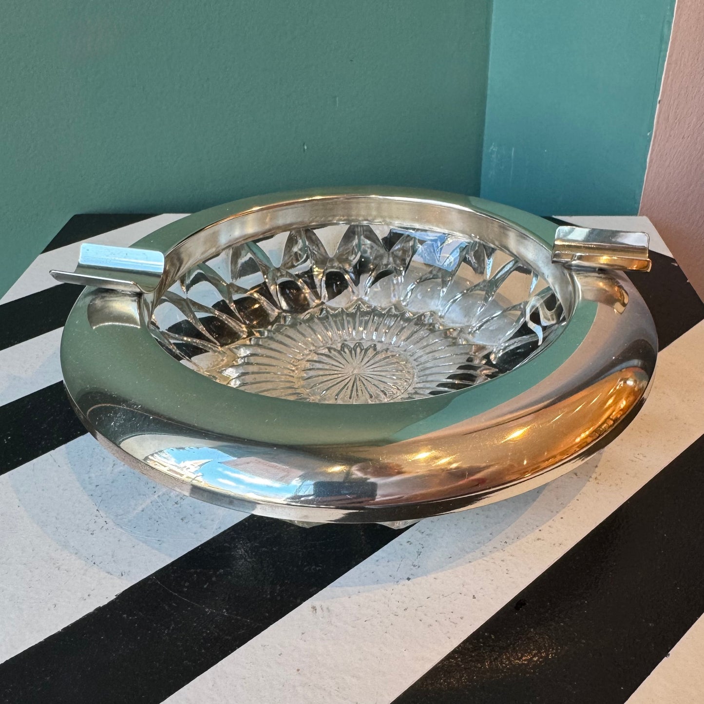 Vintage Sterling and Cut Crystal Cigar Ashtray