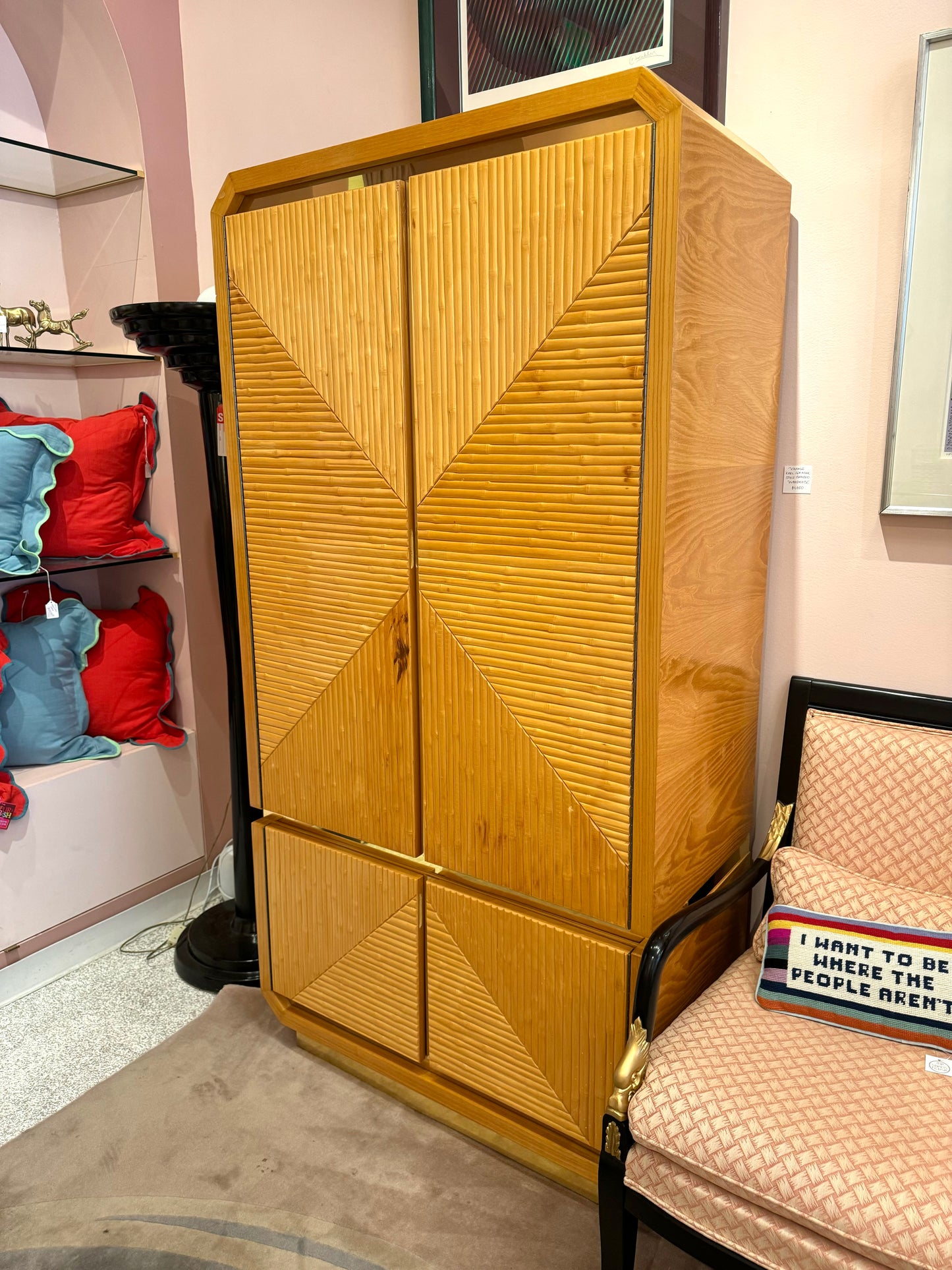 1980's Karl Springer Bamboo and Brass Trim Wardrobe