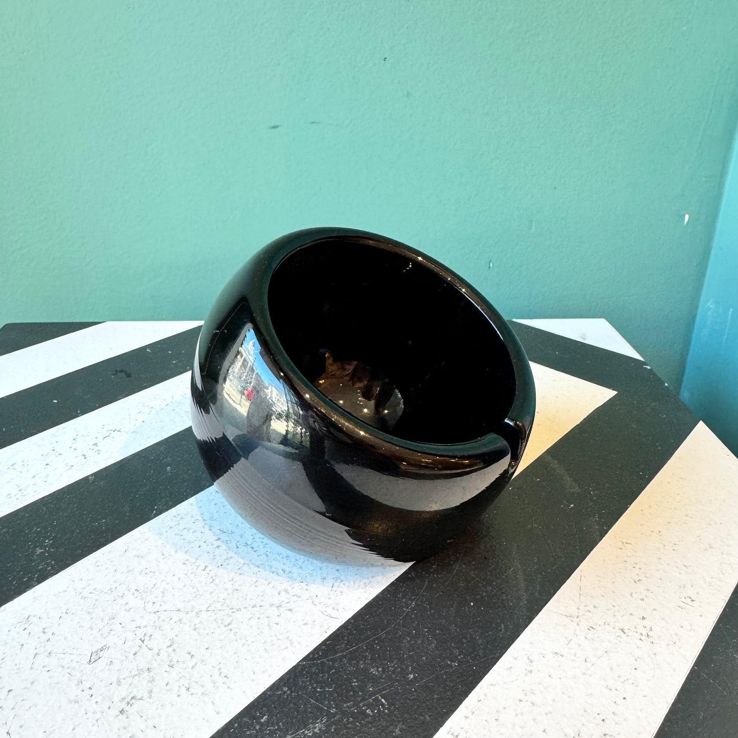 Mid Century Black Glass Orb Ashtray