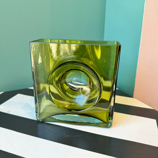 Vintage Chartreuse Square Glass ‘Diabolo’ Vase by Christian Tortu