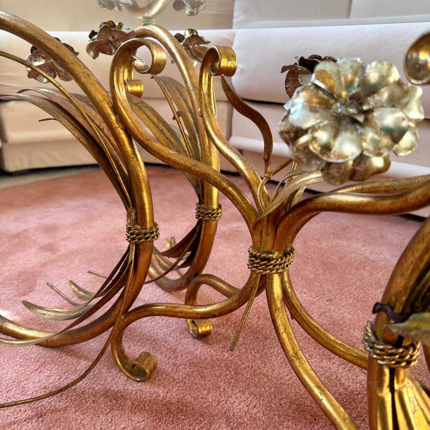 Vintage Italian Gold Gilt Floral Bouquet Wheat Sheaf Coffee Table