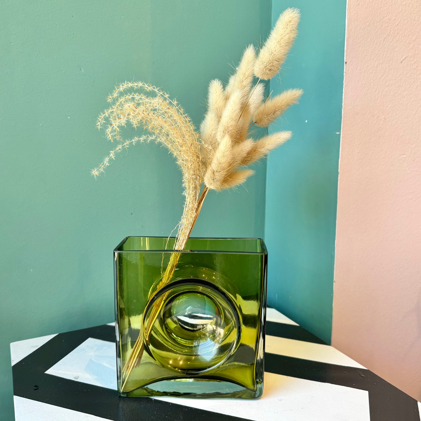 Vintage Chartreuse Square Glass ‘Diabolo’ Vase by Christian Tortu