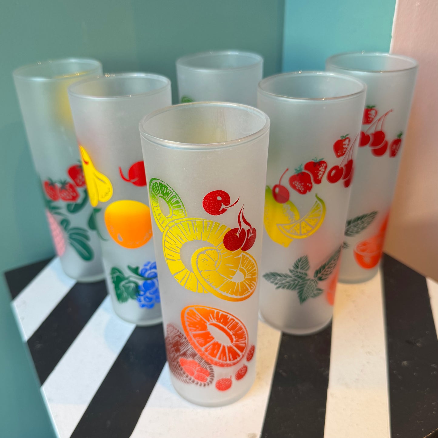 Set of 6 Mid Century Federal Frosted Fruit Collins Glasses