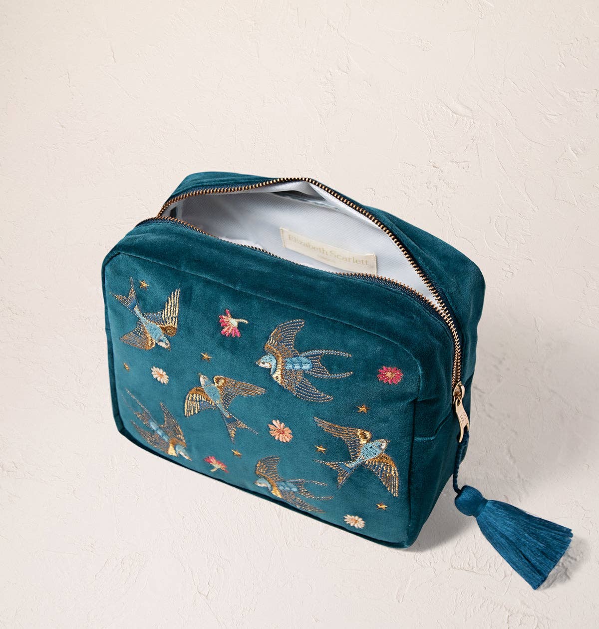 Swallows Teal Velvet Wash Bag