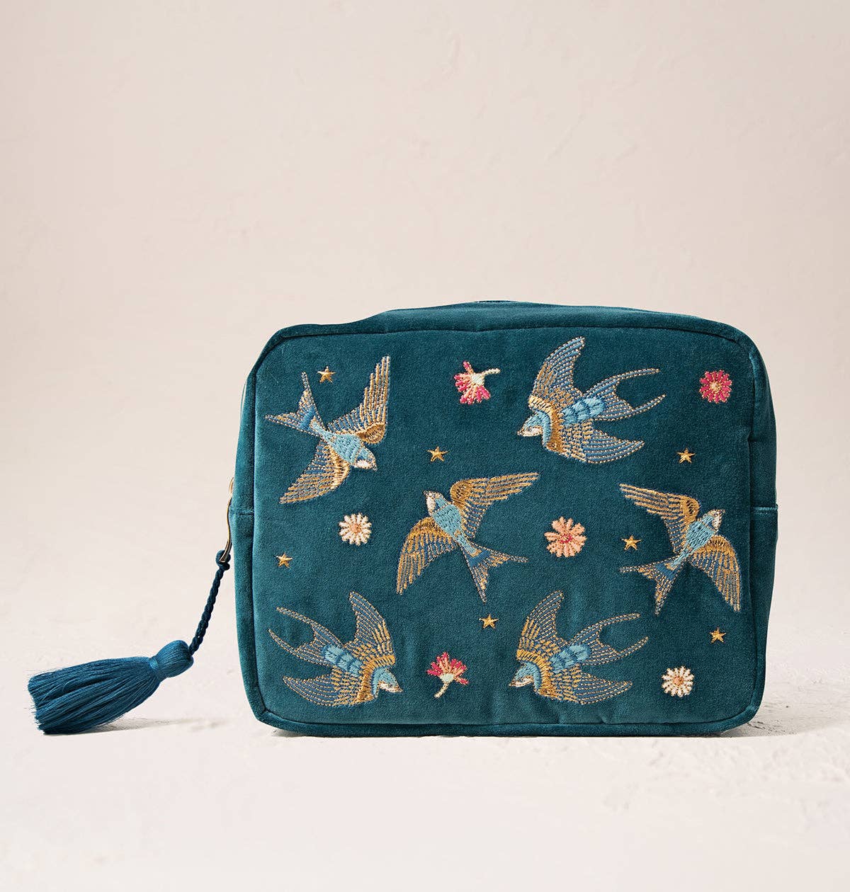 Swallows Teal Velvet Wash Bag